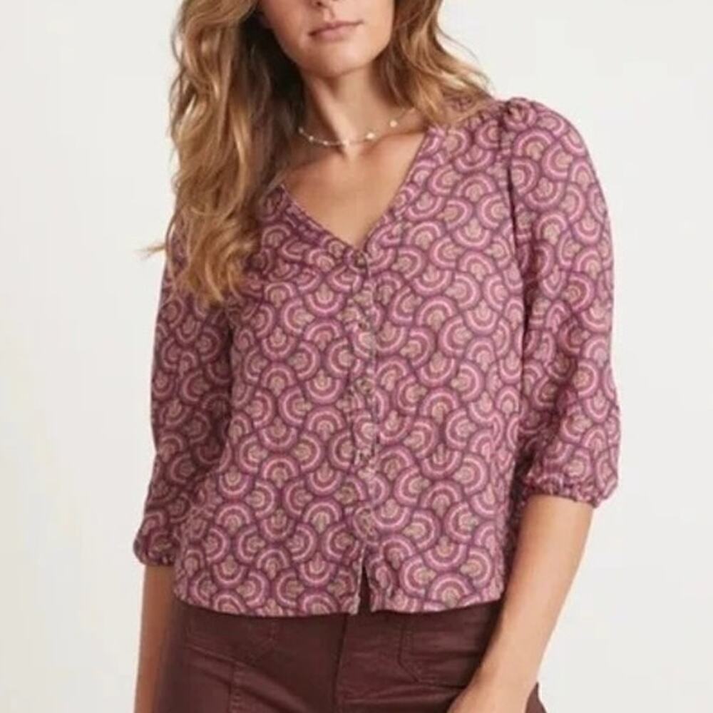 Marine Layer Colette Top Printed Doublecloth Fan Block Print Pink Purple NWT S